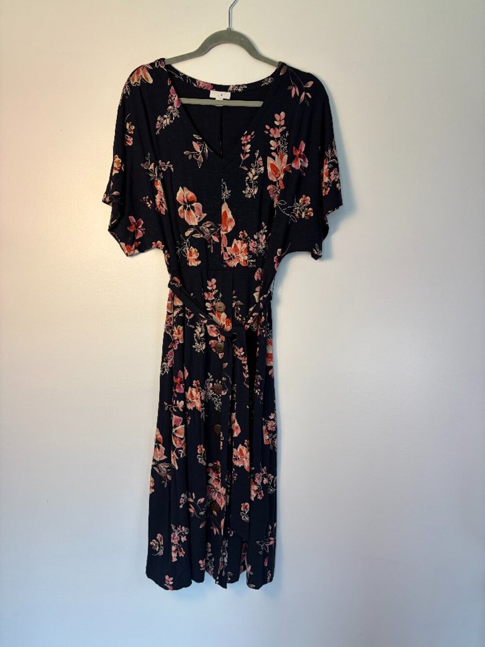 J.Jill floral print dolman-sleeve midi dress featuring V-neck and front button